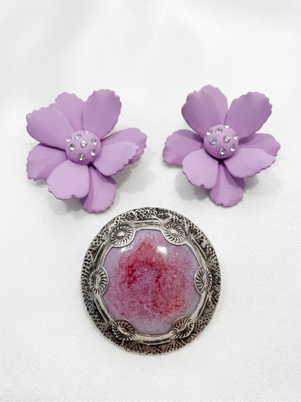Vintage Pink Floral Clip-On Earrings and Enamel Brooch Set